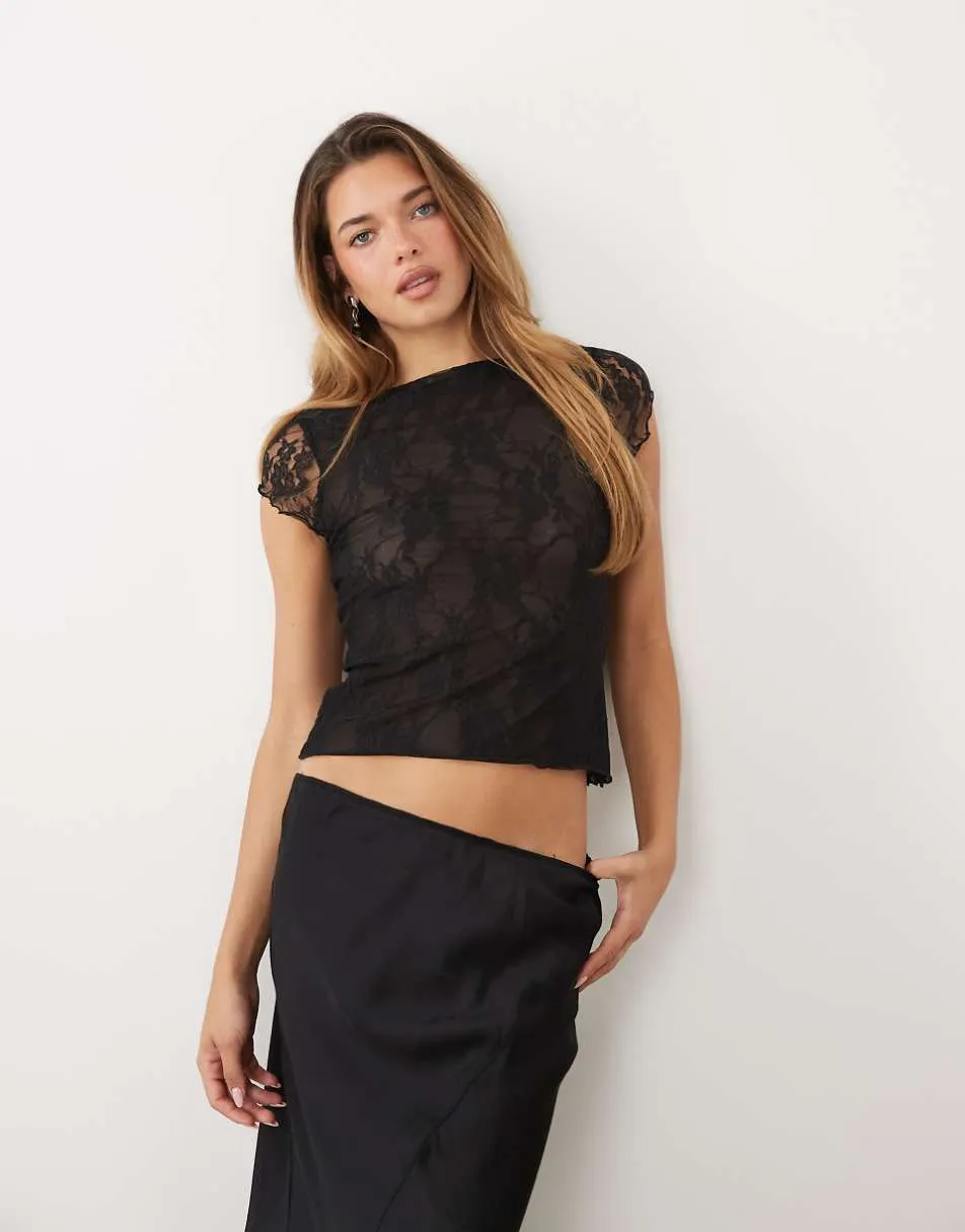 ASOS DESIGN sheer lace cap sleeve top in black