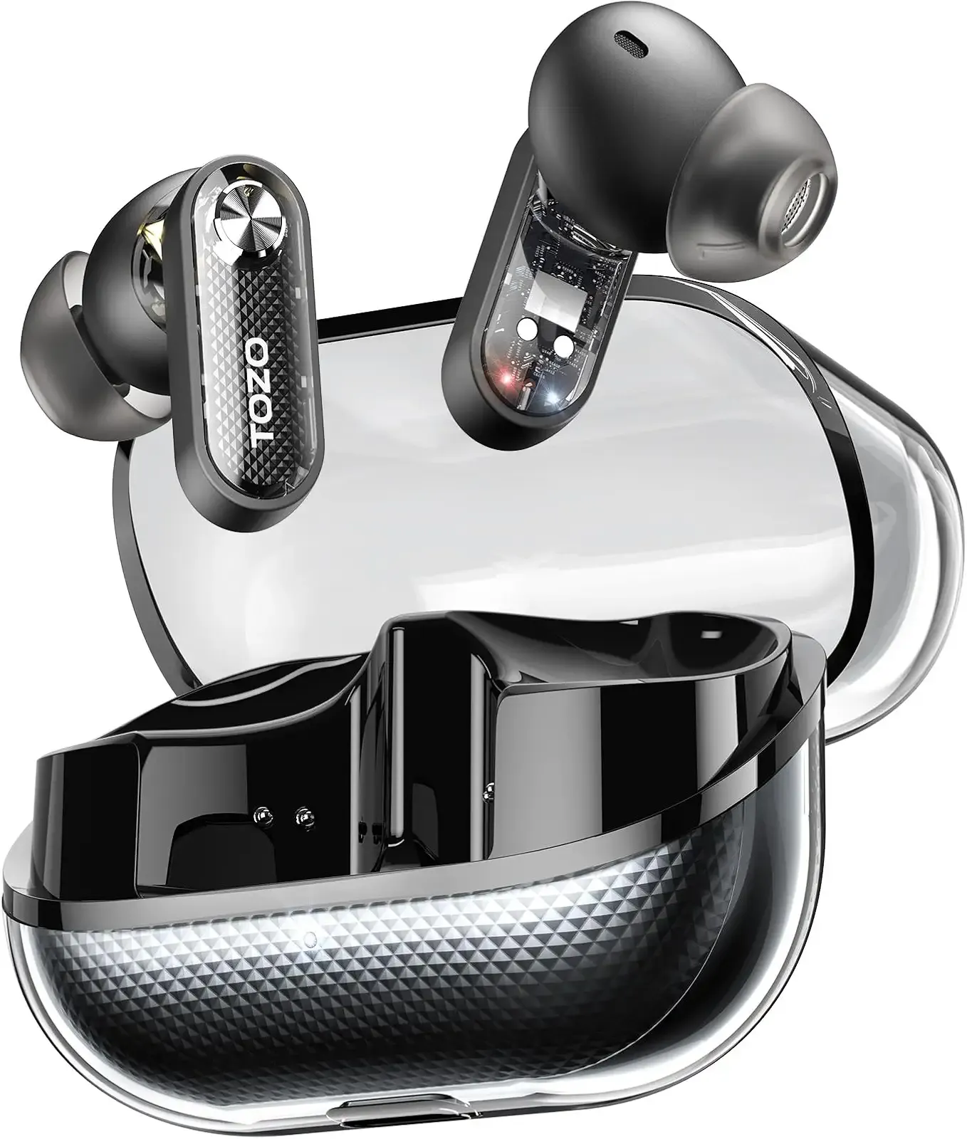 TOZO Crystal Pods Hybrid Active Noise Cancelling Wireless Earbuds, 10mm Drivers Deep Bass, 4 Mics Smart ENC AI Calls, Real-Time AI Translation, 32 EQ via App, Bluetooth 5.4, Crystal Design