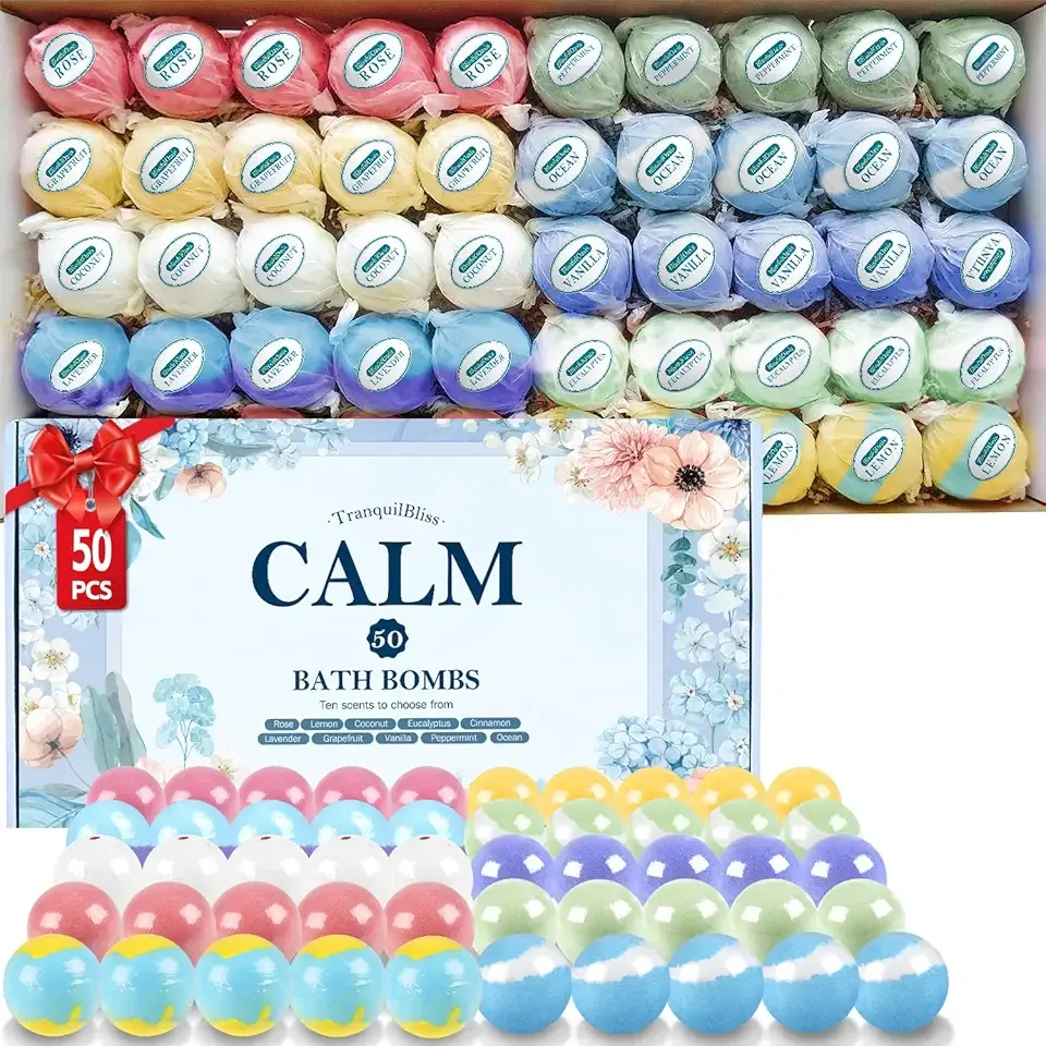 TranquilBliss Bath Bombs Set 50 PCS with 10 Rich Scents, Bath Bombs for Women, Natural Bubble Bombs with Shea Butter & Safe Oil, Ideal for Christmas, Birthday, Valentine's Day Mother's Day Present