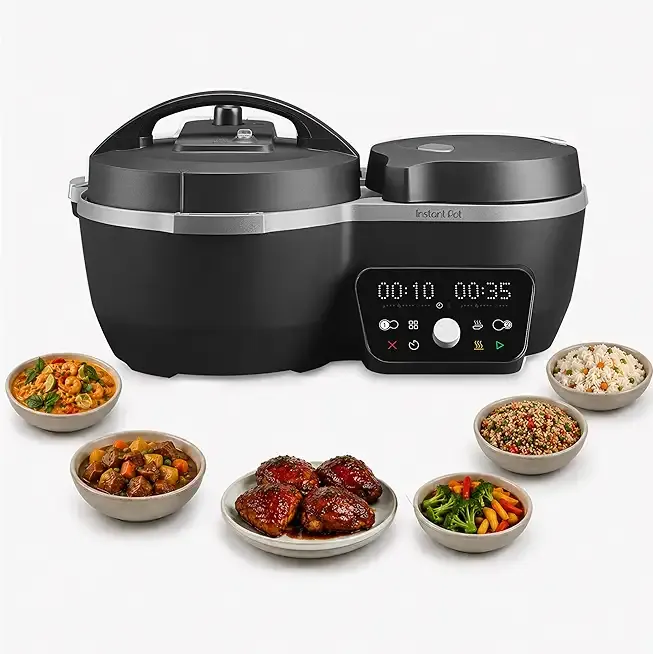 Instant Pot Dual Action 8‑in‑1 Multi-Cooker with Serve Together™ Smart Timing, 4Qt Pressure Cooker & 2Qt Rice Cooker, Cook Mains & Sides Together, Fast Cooking, PFAS-Free Pot*, Sauté, Slow Cook, Black