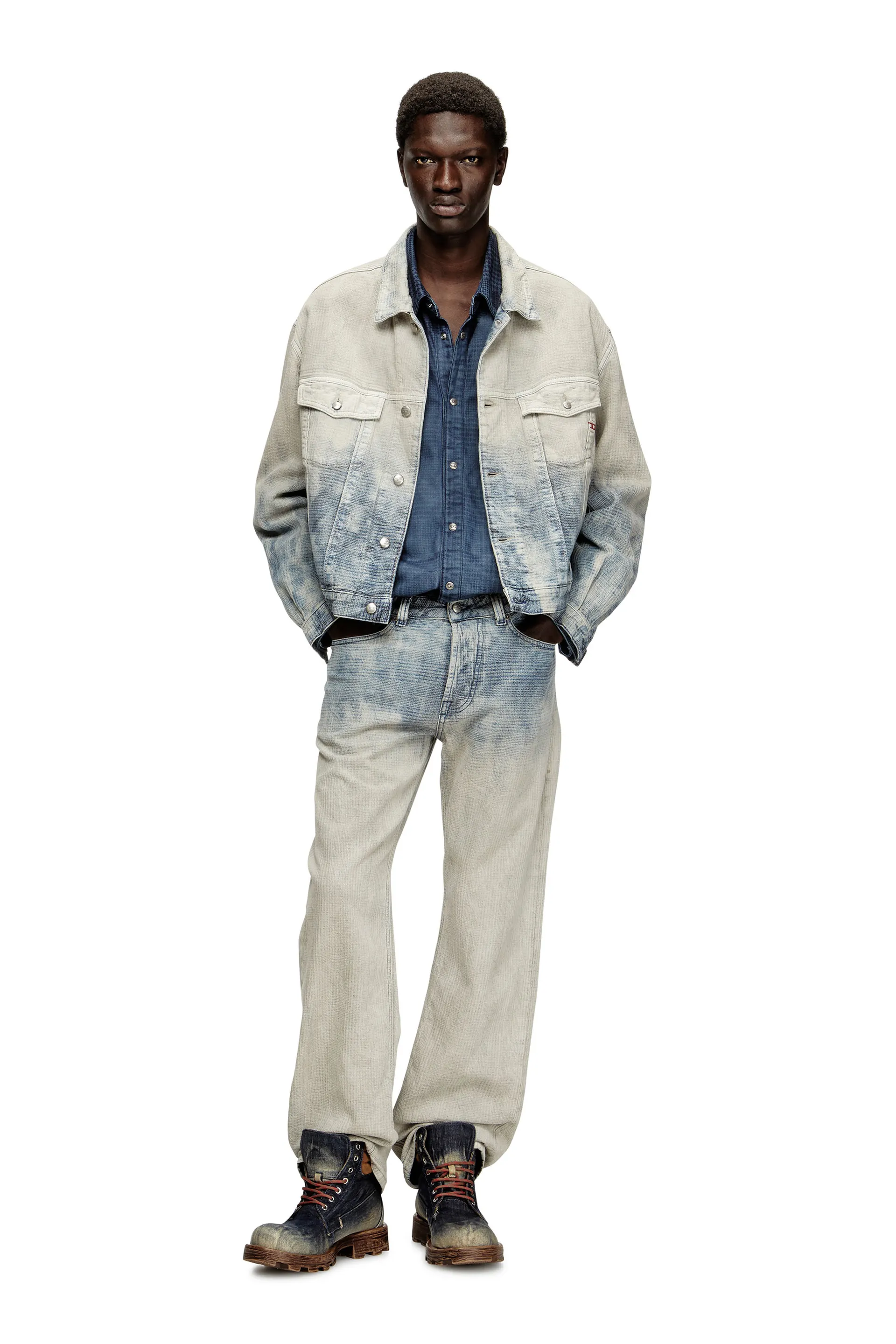 Trucker jacket in Prince of Wales jacquard denim
