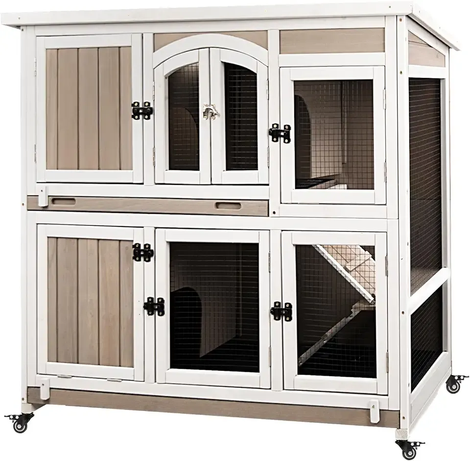 Gowoodhut 47"L Rabbit Hutch Indoor Wooden 2 Story Rabbit Large Bunny Hutch Outdoor Bunny Cage on 4 Metal Wheels and 2 Deeper Pull Out Trays, Ramp,Guinea Pig Pet House for Small to Medium Animals,Grey