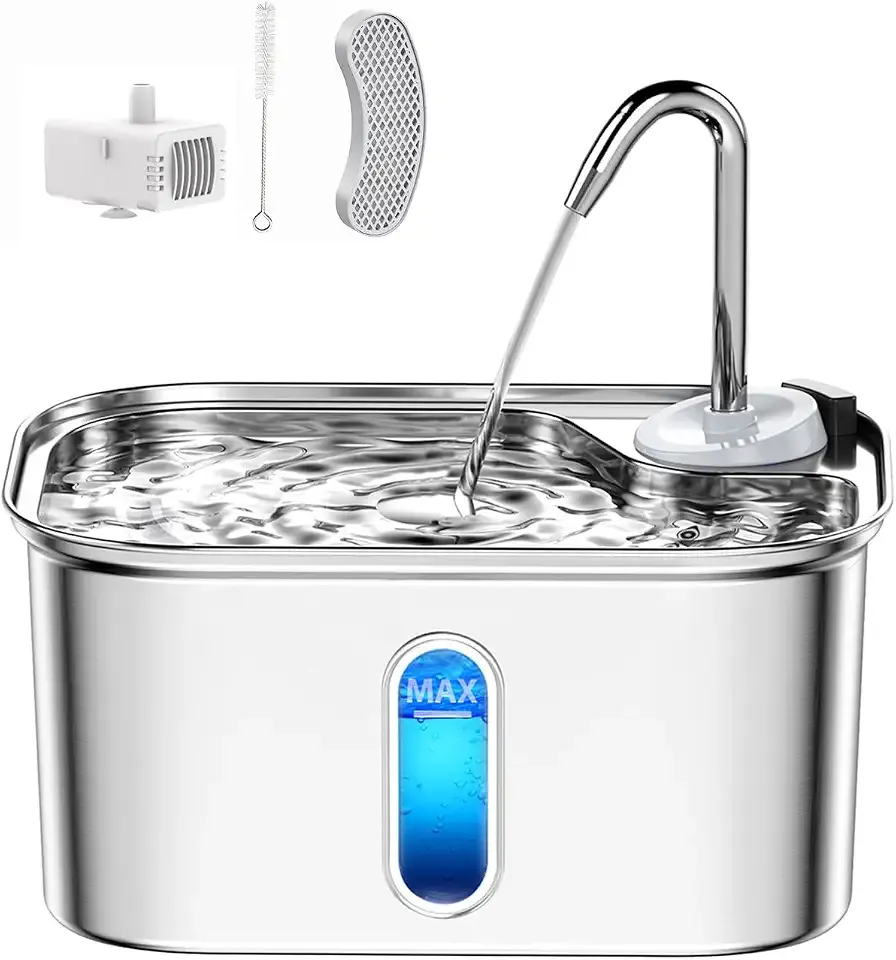 Cat Water Fountain Stainless Steel for Cats Indoor 2.5L 85oz by BPA-Free SUS304, Effective 6-Layer Filter Cat Fountain for Drinking 20dB Ultra Quiet Metal Pet Water Fountain (Fountain+1 Filter)