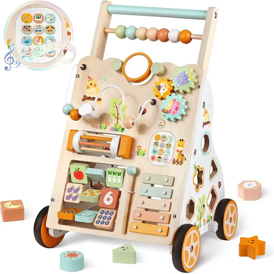 Baby Push Walker, Wooden Baby Walker with Wheels, Montessori Activity Center for 1 2 3 Years Old Boys Girls, Adjustable Speed & Height Push Toy for Toddler Learning to Walk, Kids Development Gift