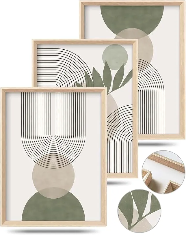 HesenDot Boho Sage Green Framed Wall Art, Abstract Canvas Prints | 12x16IN Set of 3,High Framed Design Canvas Prints,Minimalist Green Abs…