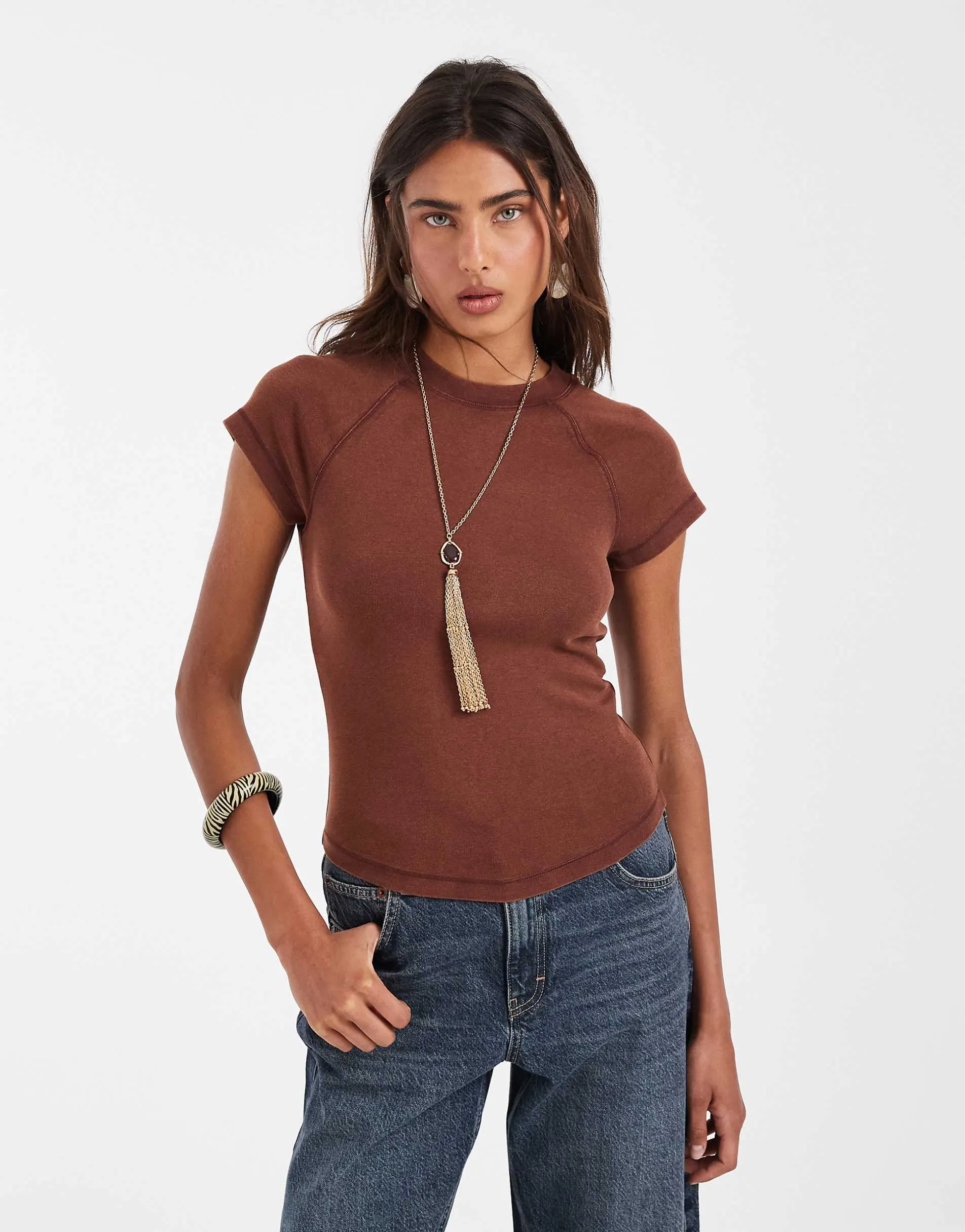 ASOS DESIGN shrunken raglan baby tee in washed chocolate