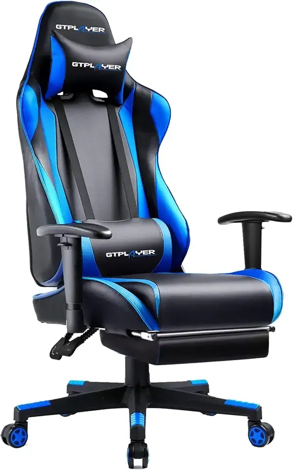 GTPLAYER Gaming Chair with Footrest, Ergonomic Computer Game Desk Chair, Reclining Game Chair Seat Height Adjustment, Swivel Rocker with Headrest and Lumbar (Blue)
