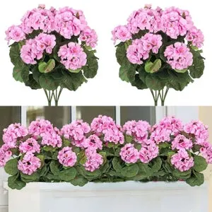 2 Pack de flores artificiales de geranio para exterior, plantas decorativas para el hogar, flores artificiales decorativas, rosa, 35 cm
