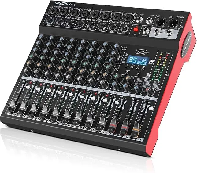 SIKUING 8 Channel Mixer, Professional Audio Mixing Console Studio DJ Board with Bluetooth, 99 DSP Effect,USB Recording, 48V Phantom Power, Reverb, MP3 Player for Live Sound Karaoke Performance