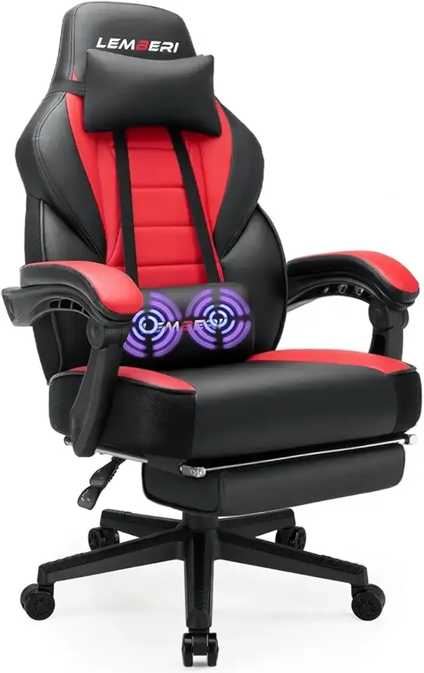 LEMBERI Big and Tall Gaming Chair 400lb Capacity, Heavy-Duty Office Chair with Reinforced Footrest, Wide Seat High Back PC Desk Chair with Linkage Armrests, Thickened Steel Frame, PU Leather, Red