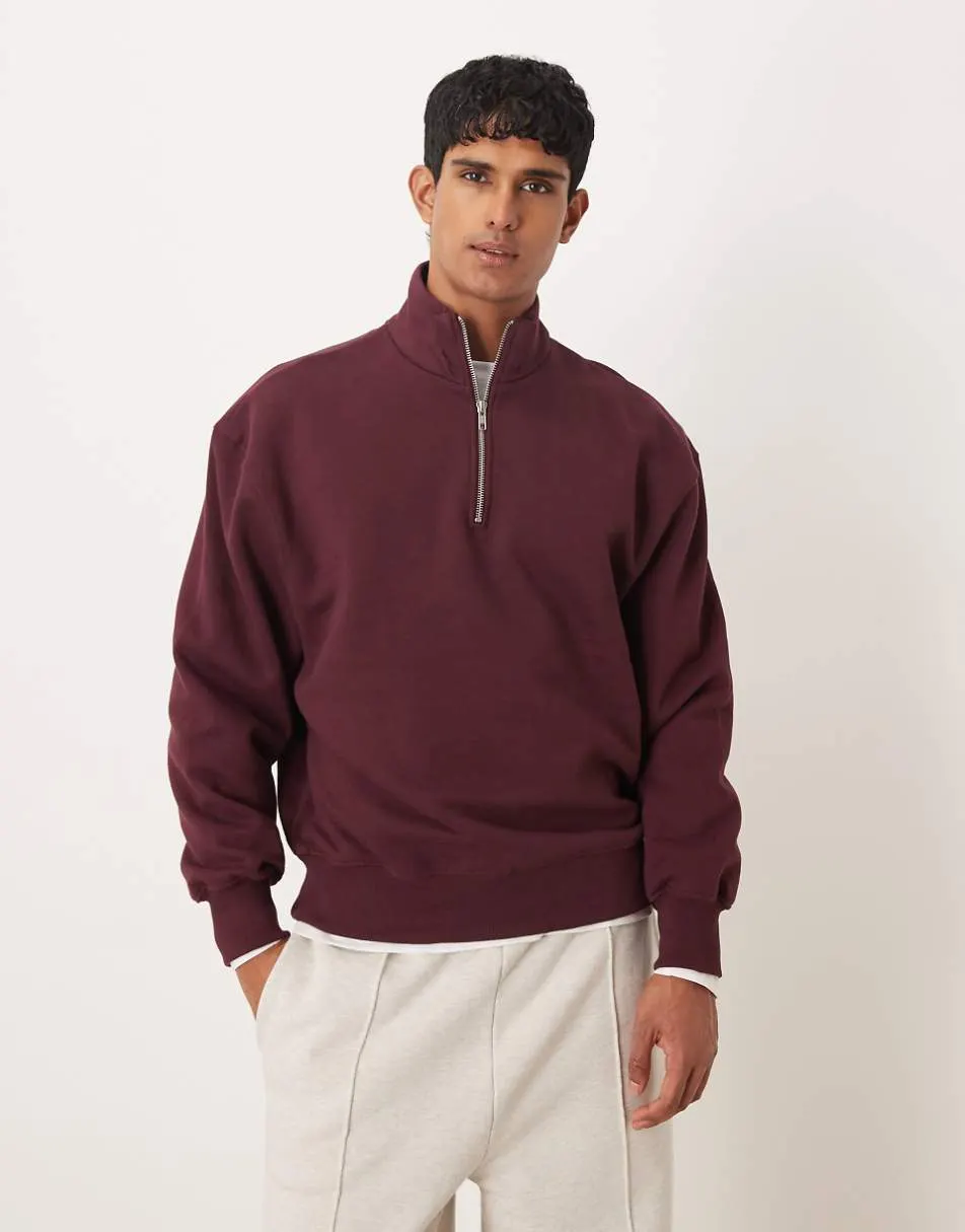 ASOS DESIGN premium heavyweight oversized quarter zip sweatshirt in 400gsm burgundy