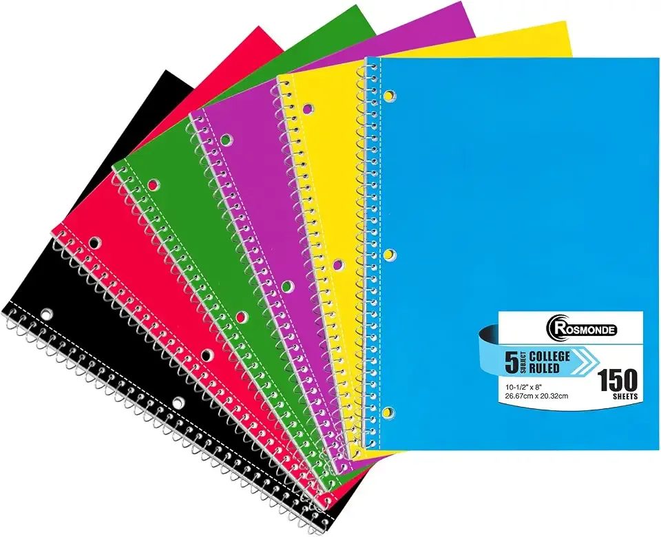 Rosmonde 6 Pack, 5 Subject Notebook College Ruled, 150 Sheets (300 Pages) | Thick Paper Fights Ink Bleed, 3 Hole Punched, 300 Pages, 8 x 10-1/2", 5 Subject College Ruled Spiral Notebooks for School