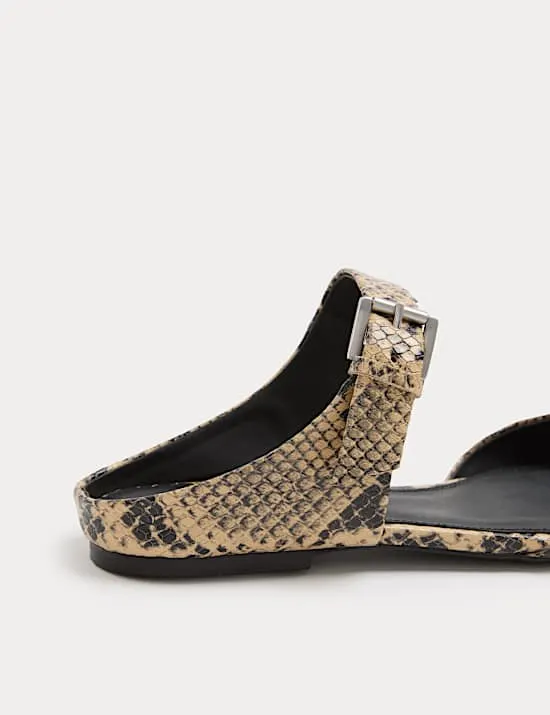 Leather Snake Print Buckle Flat Sandals