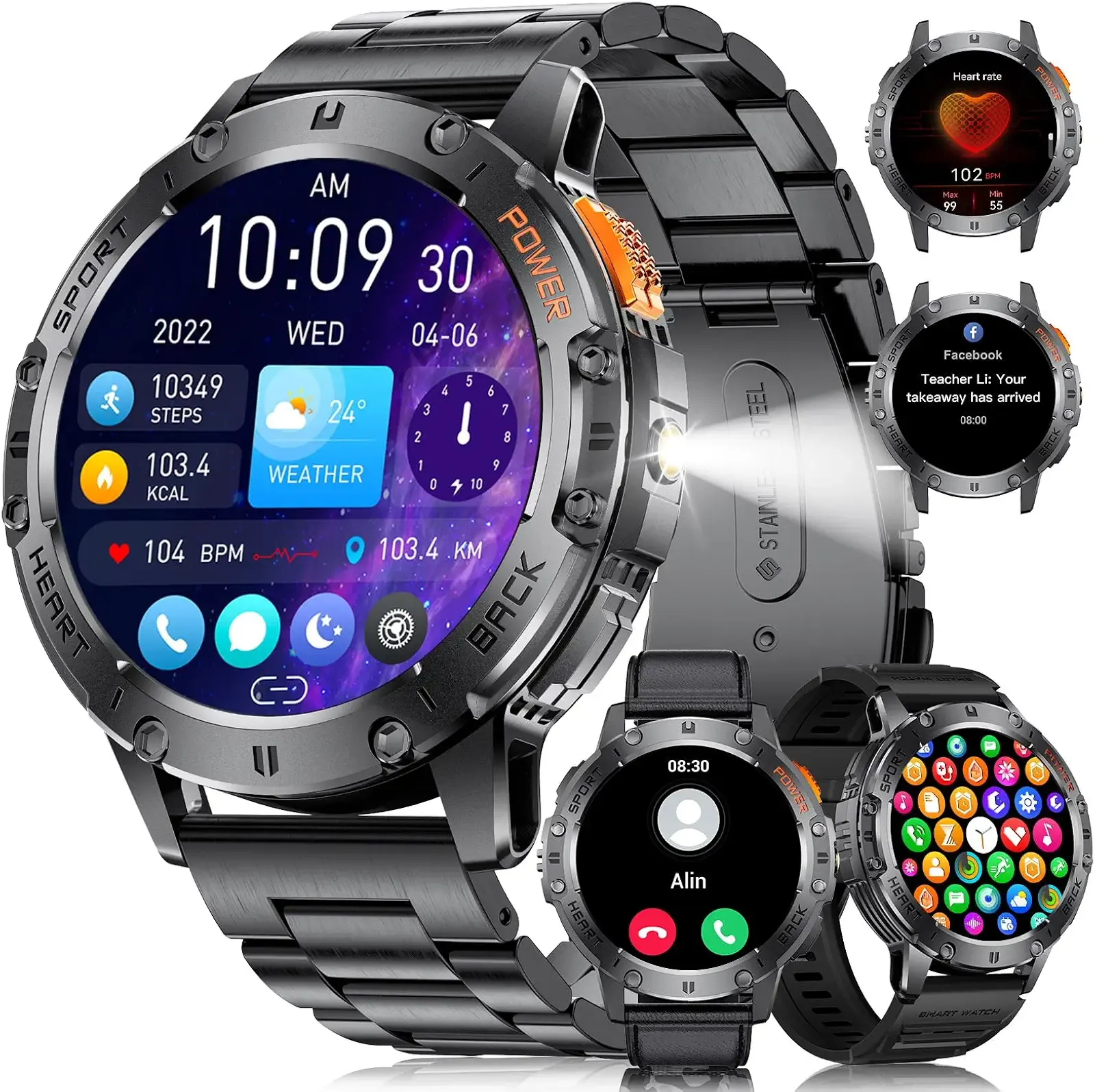 Military Smart Watches for Men(Answer/Make Calls) with LED Flashlight,530mAh Large Battery,1.43" AMOLED Outdoor Sports Smartwatch with 170+ Sport Modes,5ATM Waterproof Fitness Tracker for iOS Android