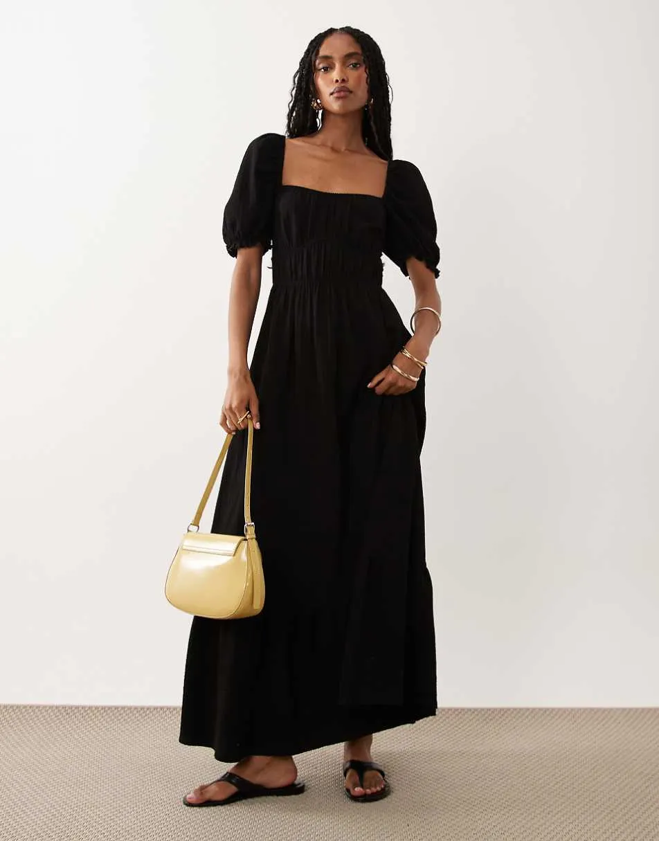 Miss Selfridge seersucker puff sleeve milkmaid maxi dress in black