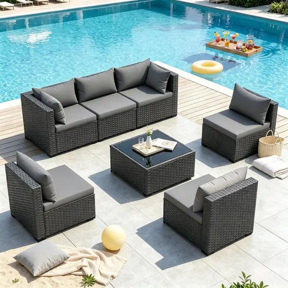 ELPOSUN 7 Pieces Patio Furniture Set, Outdoor Furniture Sectional Rattan Sofa for Backyard Garden Dark Grey $299.99 Was $331.49
