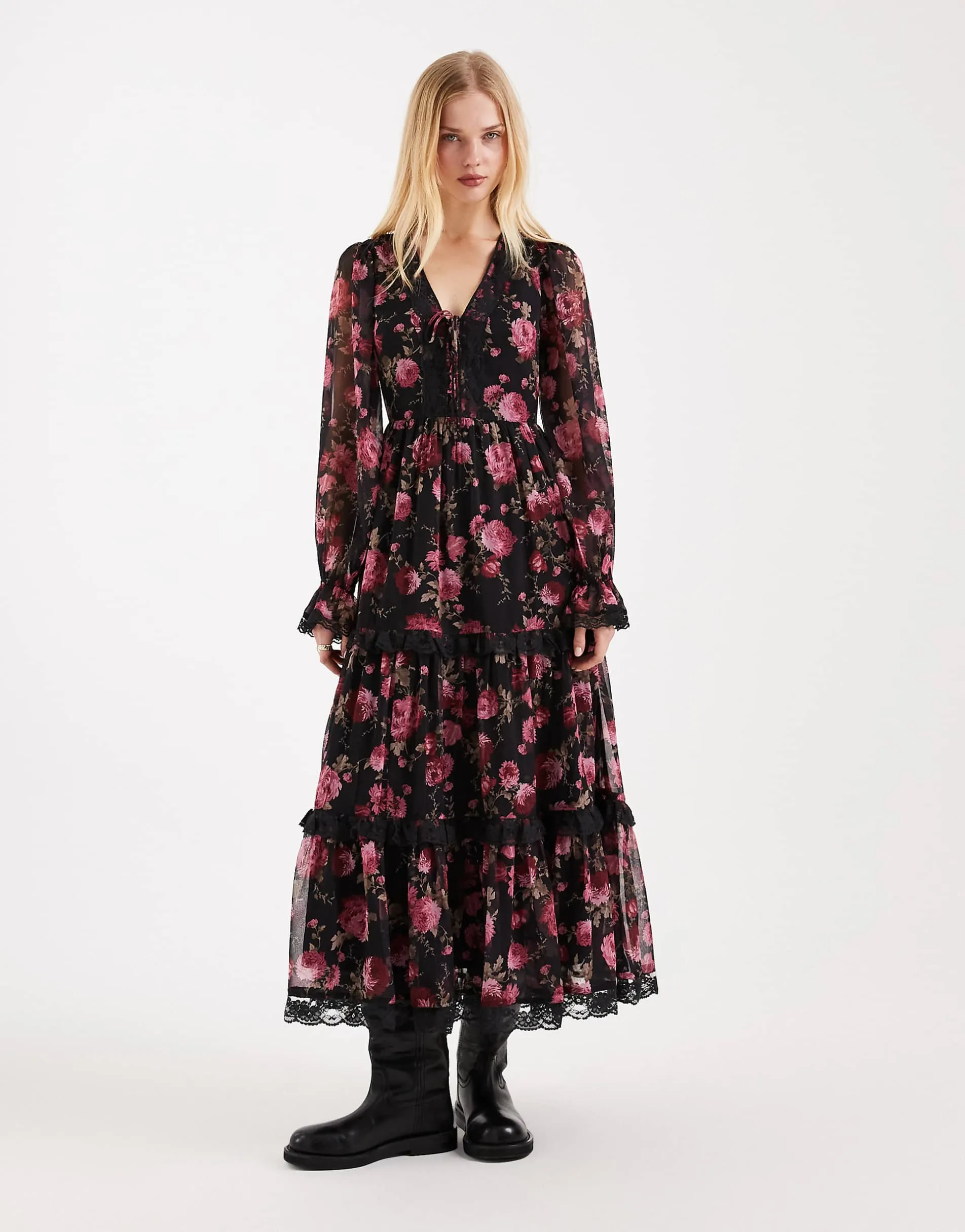 Miss Selfridge corset detail maxi dress in rose print