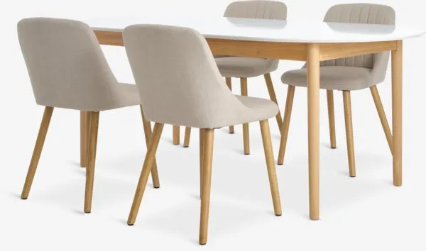 MARSTRAND + ADSLEV MARSTRAND L200/280 tafel wit + 4 ADSLEV z/armleuning beige