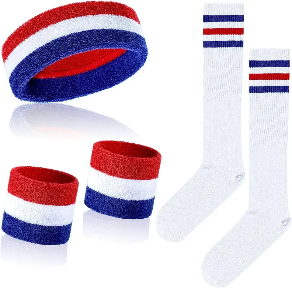 Skylety 5 Pcs Striped Sweatband Headband Socks Set | High Striped, for Men Women Sports, Retro 80s Party Costume, Halloween Cosplay, Athletic Knee High Sock with Wristbands Combo