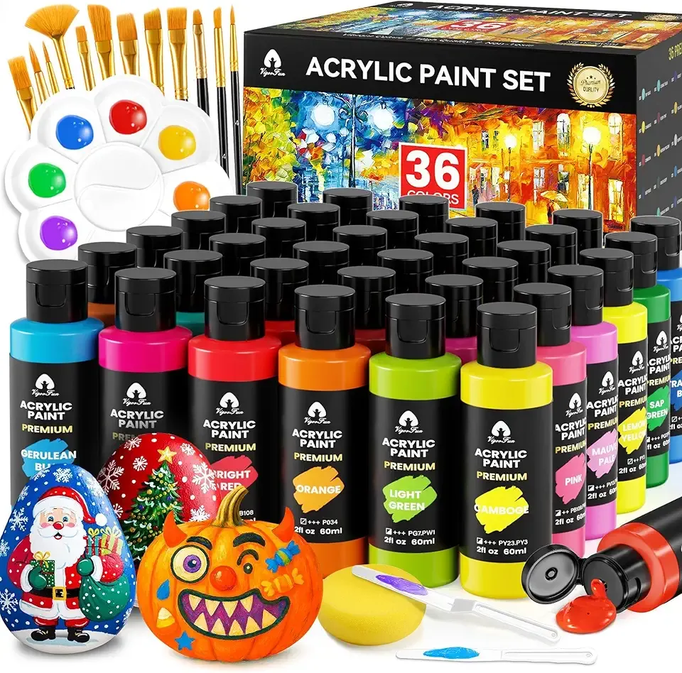 52 Pcs Acrylic Paint Set - 36 Colors (2oz/60ml) with 12 Brushes, 2 Knives & Palette - Rich Pigments for Adults, Artists & Beginners - Painting on Pumpkin Canvas Ceramic Rock Wood