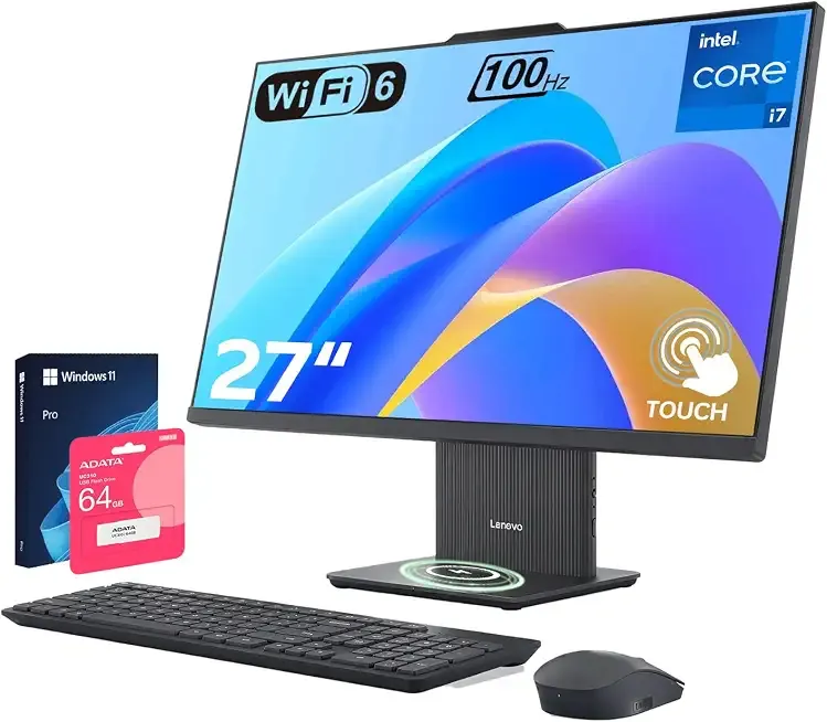 Lenovo IdeaCentre All-in-One Desktop Computer, 27" FHD Touchscreen 100Hz, i7-13620H, 16GB DDR5 RAM, 1TB SSD, Wireless KB & Mouse & Charging Base, Wi-Fi 6, W11 Pro, Bundle with 64GB USB Flash Drive