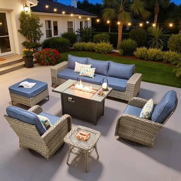 Ovios 9 Pieces Wicker Patio Furniture Sets Outdoor Conversation Sectional Sofa with Swivel Chairs & Fire Pit