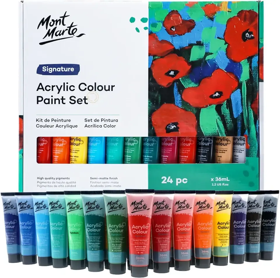 Mont Marte Acrylic Paint Set 24 Colours 36ml, Perfect for Canvas, Wood, Fabric, Leather, Cardboard, Paper, MDF and Crafts