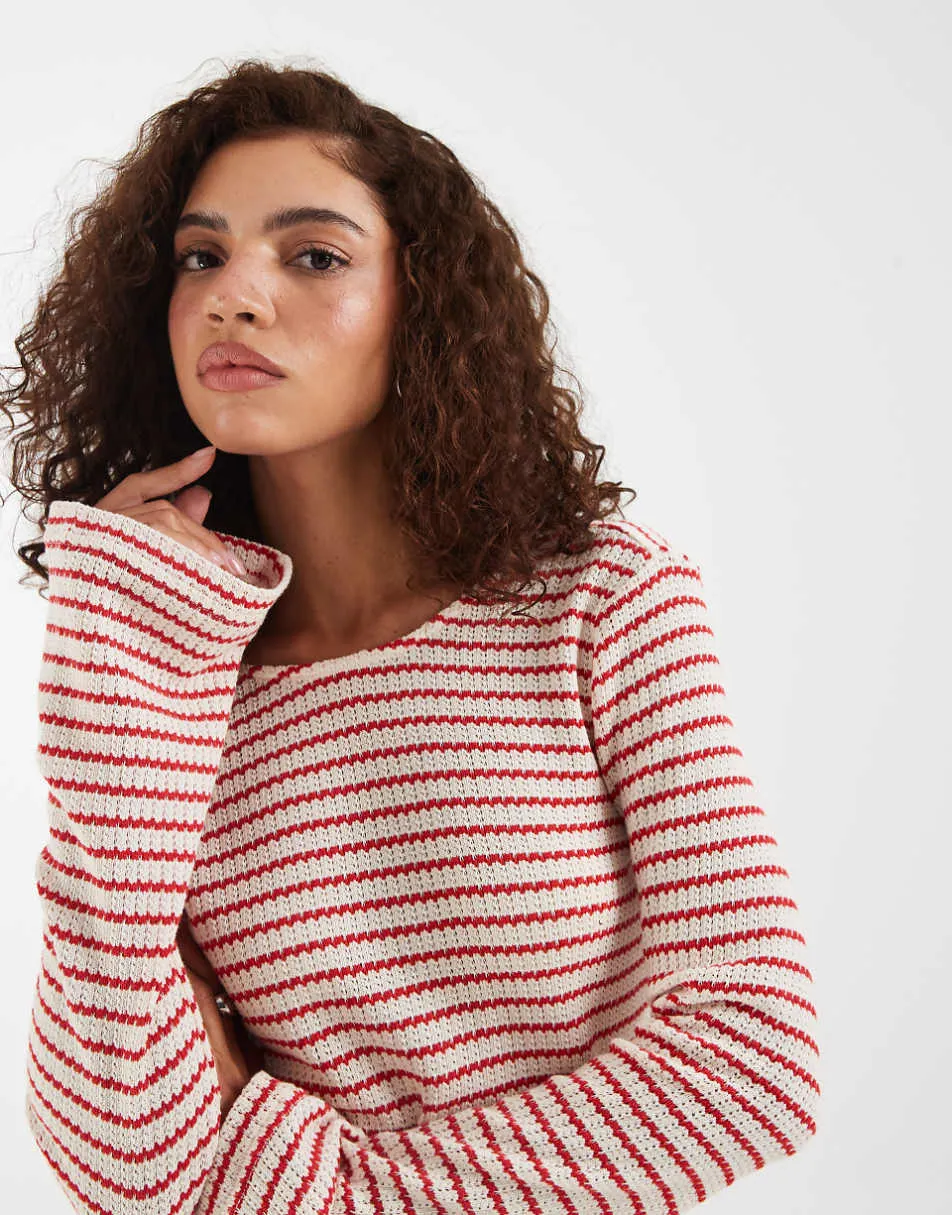 Vero moda stretch crochet knit bell sleeve mini dress in red and cream stripe