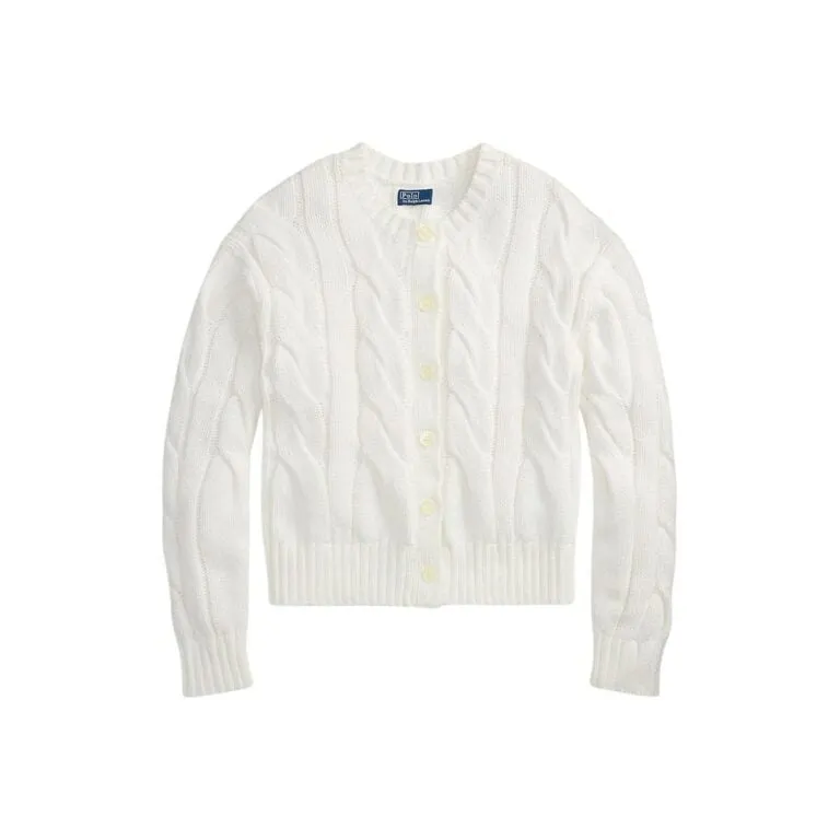 Cable-Knit Cotton Crewneck Cardigan - Hvit