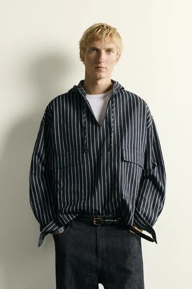 STRIPED COTTON-LINEN HOODED OVERSHIRT