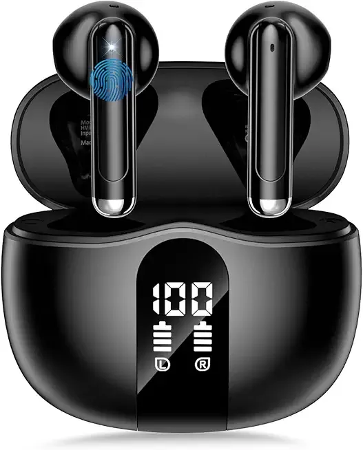 Wireless Earbuds, 2026 Bluetooth 5.4 Headphones Bass Stereo Ear Buds with Noise Cancelling Mic, LED Display in Ear Earphones 50H Playtime Ear Buds, IP7 Waterproof for Laptop Pad Phones, Pure Black