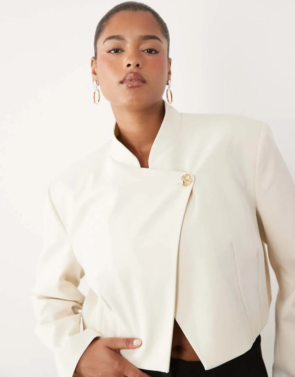 ASOS LUXE Curve cropped boxy jacket with short collar and 80s wrap over trim front opening