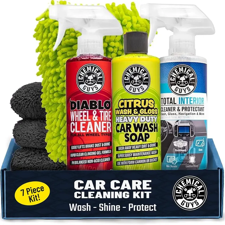 Chemical Guys Car Cleaning Kit - With Car Wash Soap, Wheel Cleaner, Total Interior, Car Wash Mitt - Interior and Exterior Wash Kit With Vehicle Cleaning and Detailing Accessories - 7 Item Kit