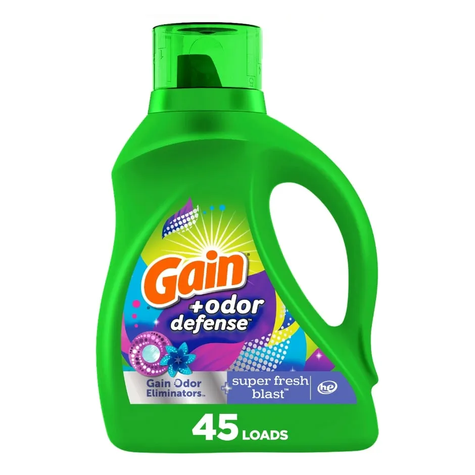 Gain + Odor Defense Liquid Laundry Detergent, Super Fresh Blast Scent, 45 Loads, HE Compatible