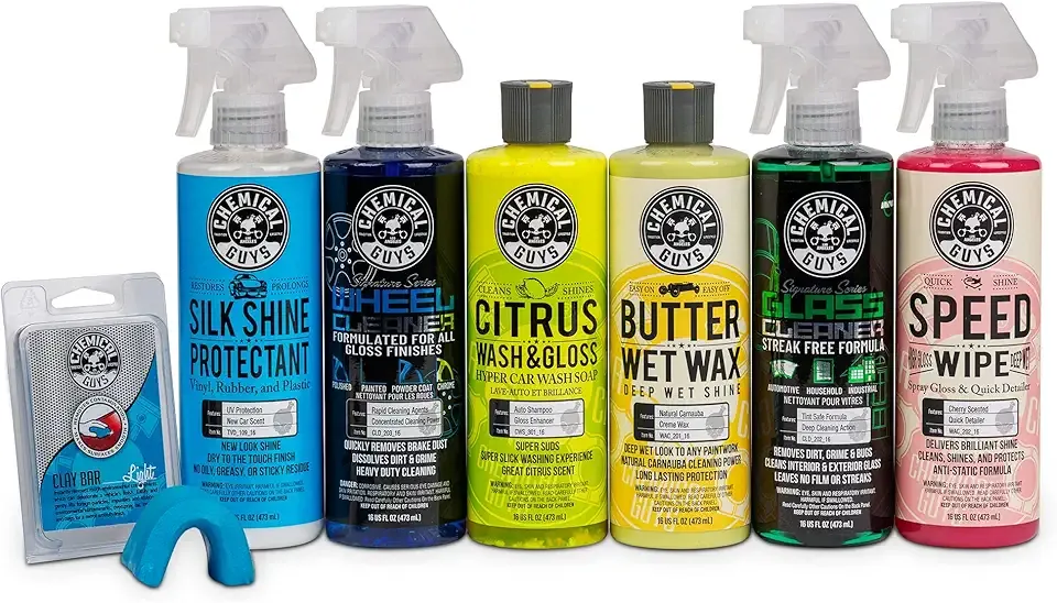 Chemical Guys Starter Car Care & Cleaning Kit, 7-Piece Detailing Car Wash Kit with 6 Premium 16 oz Care Chemicals and Accessories for Washing, Waxing, and Interior Cleaning