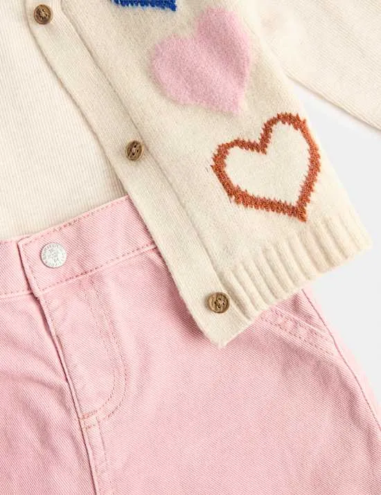 3-teiliges Outfit mit hohem Baumwollanteil, bestehend aus Strickoberteil und Jeans mit Herzmuster (0 Monate–5 Jahre)