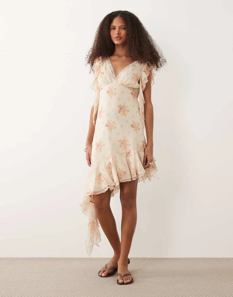 Miss Selfridge chiffon asym mini dress in ditsy print