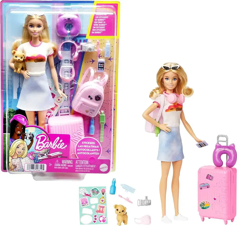 Doll & Accessories, Travel Set with Puppy and 10+ Pieces, Suitcase Opens & Closes, Barbie "Malibu" with Blonde Hair