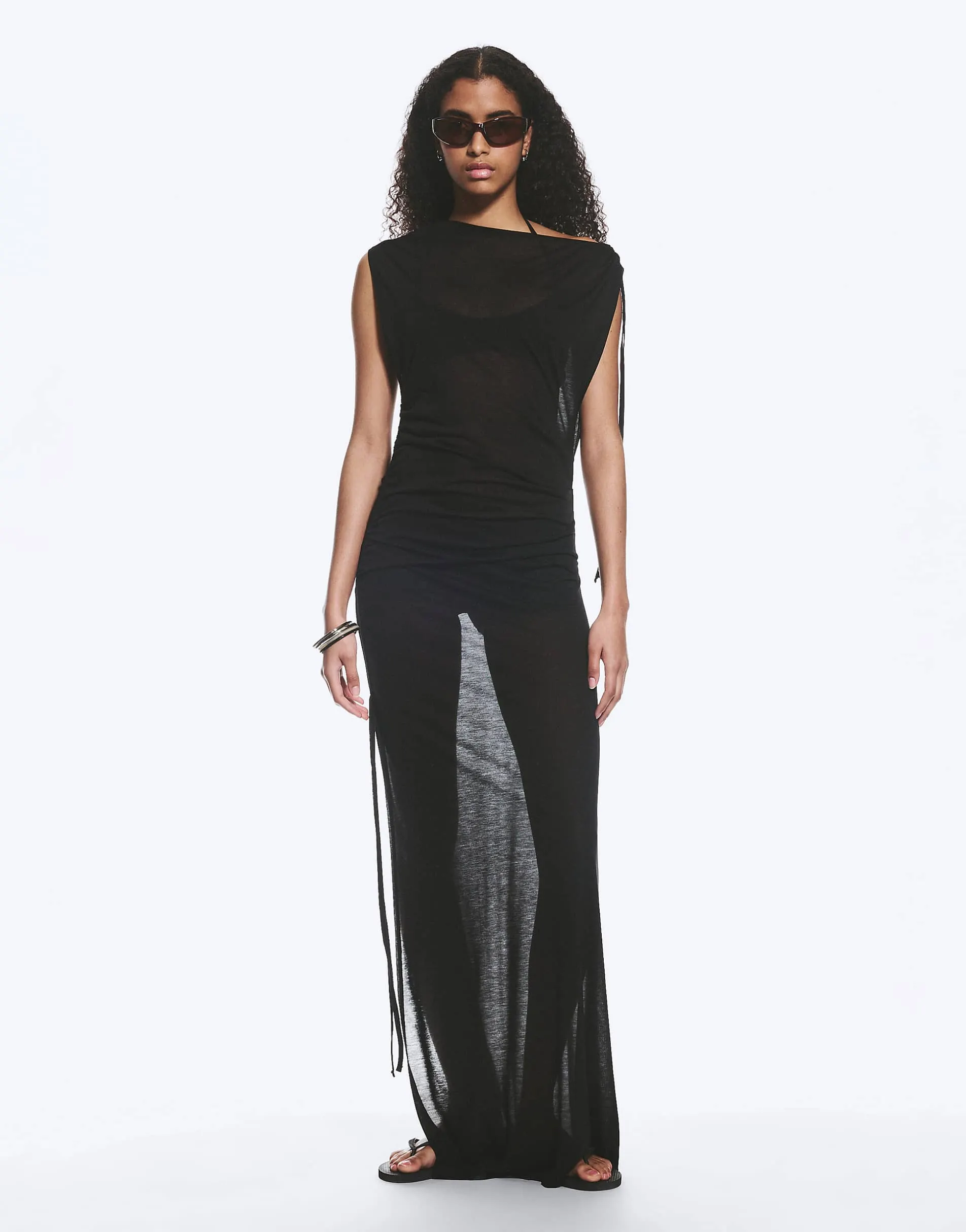 Weekday sheer slash neck maxi dress with ruched side detail in black