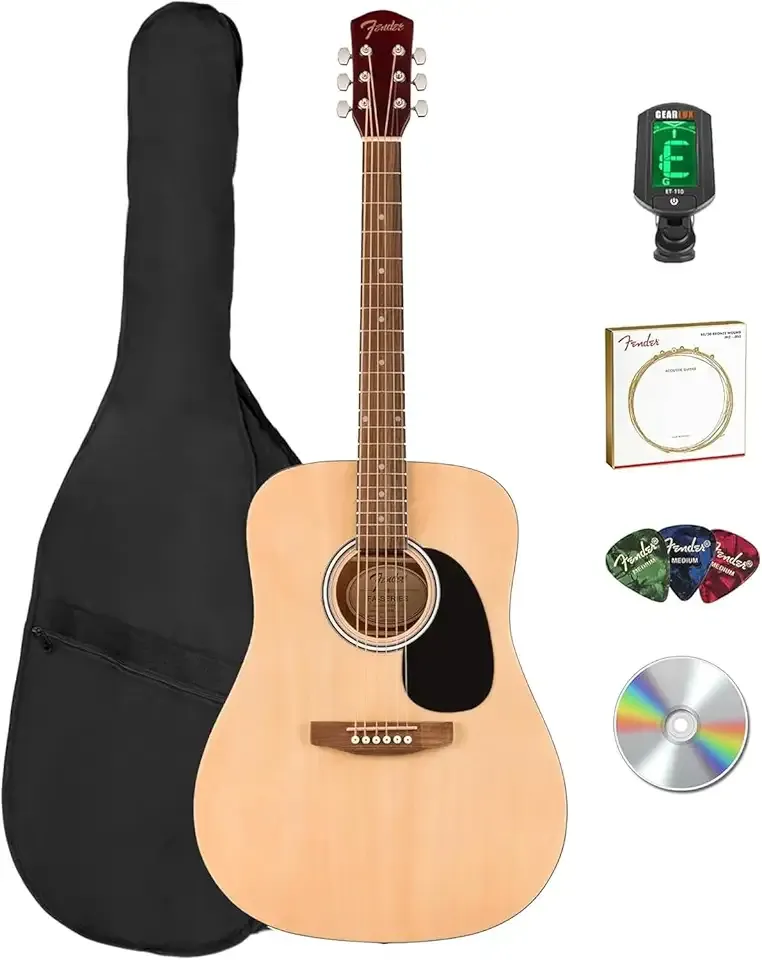 Fender Dreadnought Acoustic Guitar - Natural Bundle with Gig Bag, Tuner, Strings, Picks, and Austin Bazaar Instructional DVD