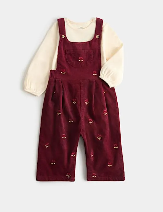 2er-Pack Latzhosen und Oberteile aus reiner Baumwolle mit Blümchendesignn und Stickerei (0–3 Jahre)