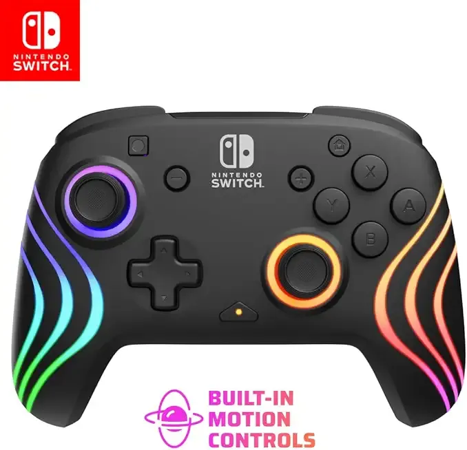 PDP Gaming Afterglow Wave Wireless Nintendo Switch Pro Controller - Officially Licensed, Nintendo Switch 2, Switch Lite/OLED, RGB LED Customization, App Controls, Rechargeable Battery Power - Black