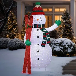9' Pop-Up Snowman with Skis and LED Twinkle Lights