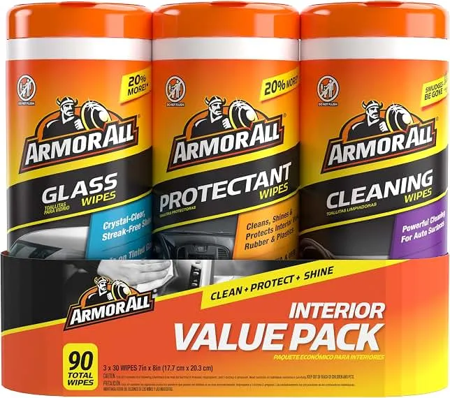 Armor All Car Interior Value Pack, 90 Count, Auto Cleaning Wipes | Car cleaning wipes, glass wipes for screens, windows and mirrors, protectant for vinyl and plastic, 30 count each