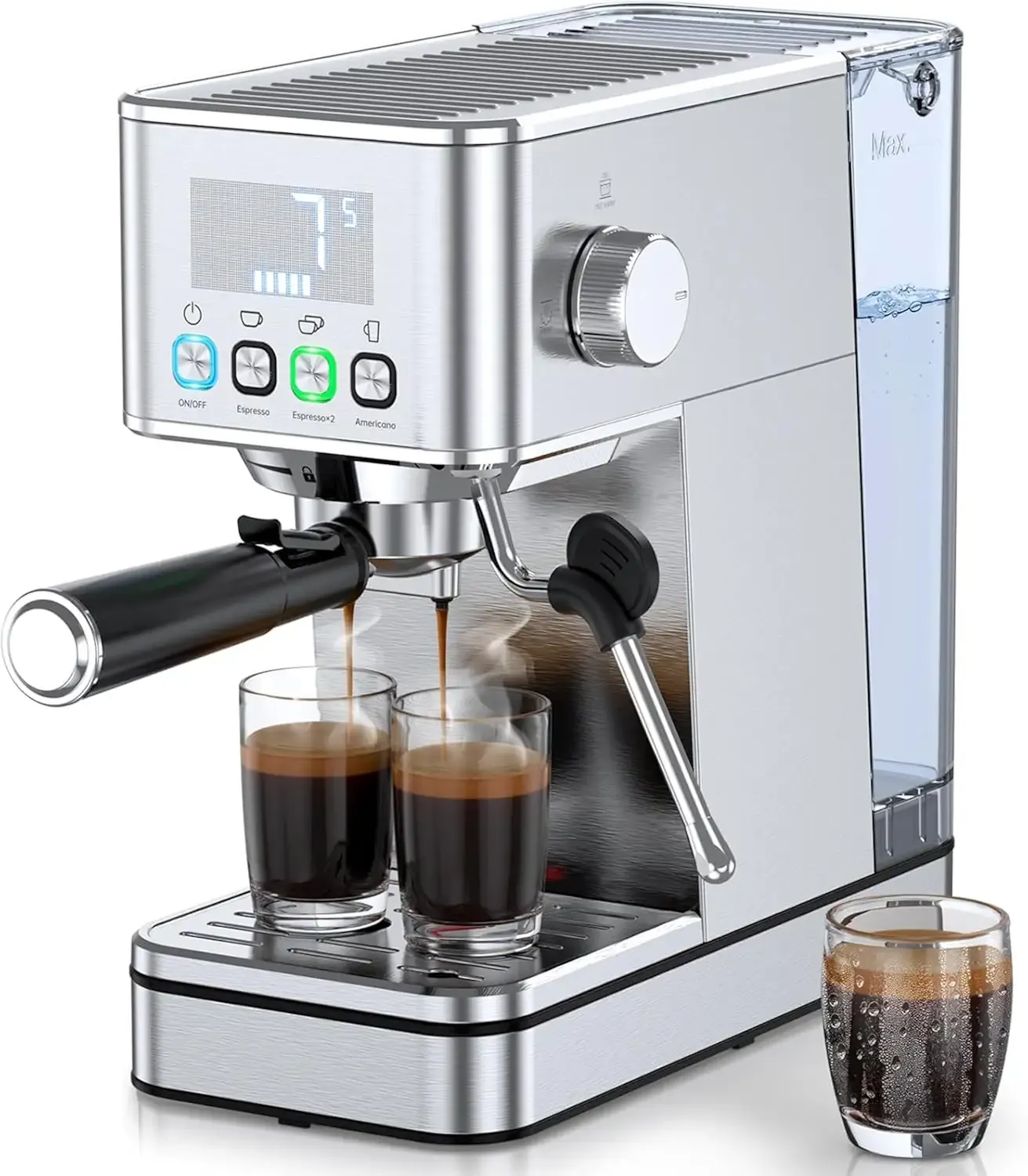 20BAR Espresso Machine, Cold Brew, Stainless Steel for Home,Silver | Compact espresso maker with PID temp control, Warm cup & detachable steam wand with Clean Mode, HD display, 57.5oz water tank