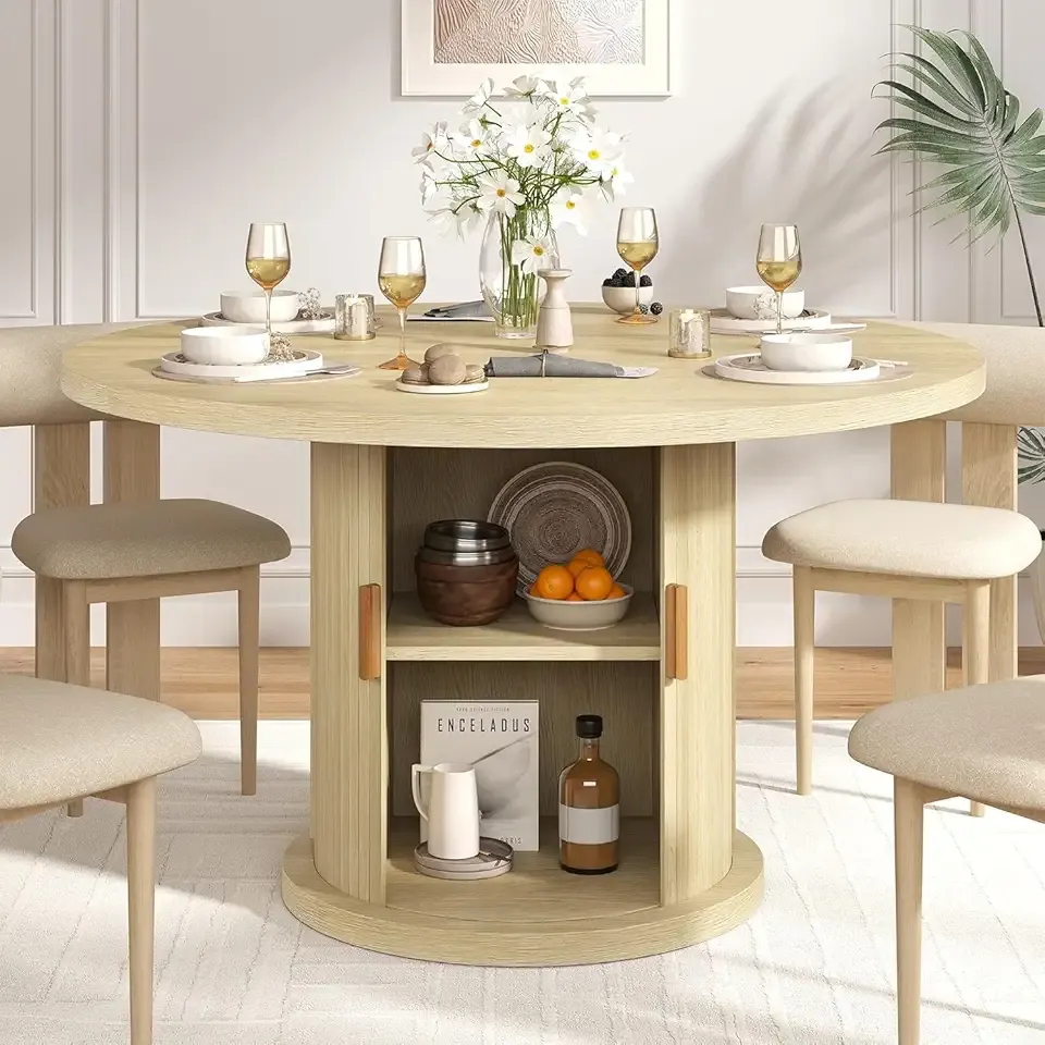 47.24" Round Dining Table for 4, Farmhouse Fluted Kitchen Tables Dining Room Circle Dinner Table, Modern Wood Kitchen & Dining Room Tables