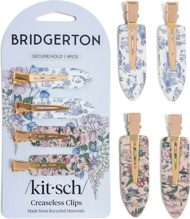 Bridgerton x Kitsch Creaseless Hair Clips for Women - Toile in Bloom, 4pcs | No Crease, No Bend Hair Clips for Styling, Bangs, Makeup Applicati…