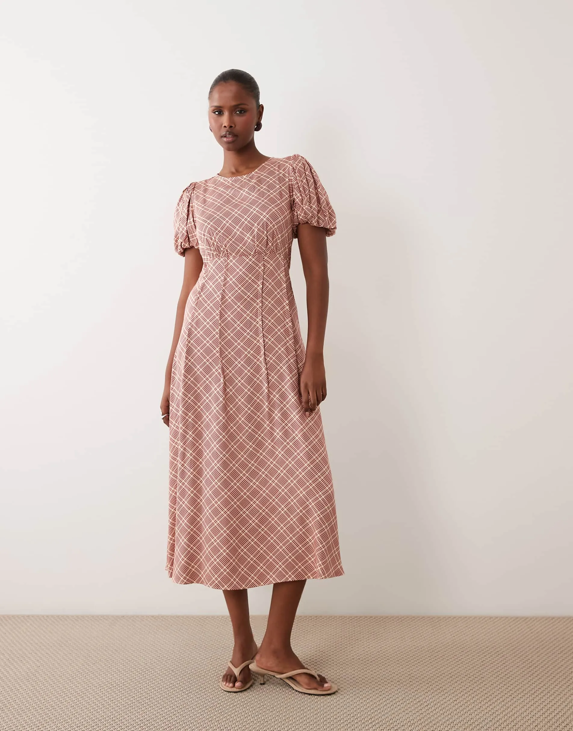 Nobody's Child Quinn satin puff sleeve midi tea dress in red check