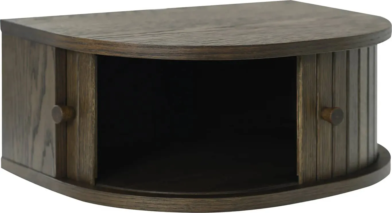 Slide nattbord avrundet H20x48x34cm med veggoppheng, brunlakker eikefiner