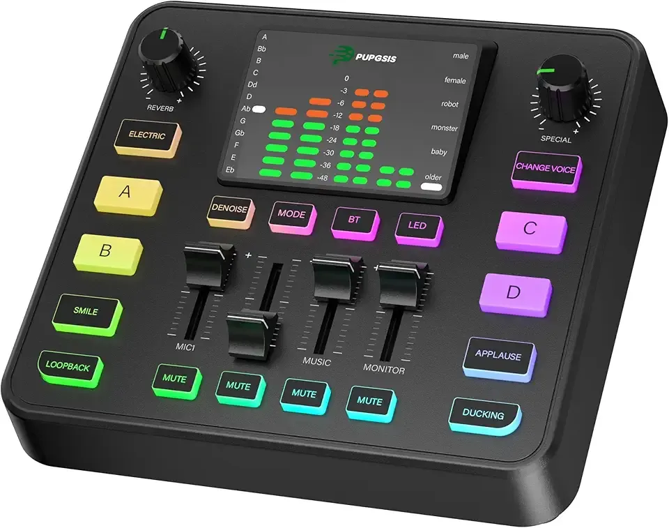 PUPGSIS Gaming Audio Mixer, Audio Interface for pc,1/4" TRS Dynamic Mic interface,Sound Board With voice changer, Pro-Preamp, Noise Cancellation, RGB, Bluetooth For Streaming/Podcasting/Gaming